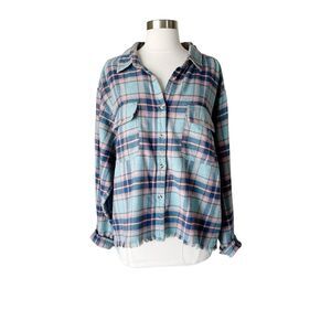 Lucky Brand Plaid Flannel Shirt Women's XL Blue Pink Raw Edge Cropped Thermal